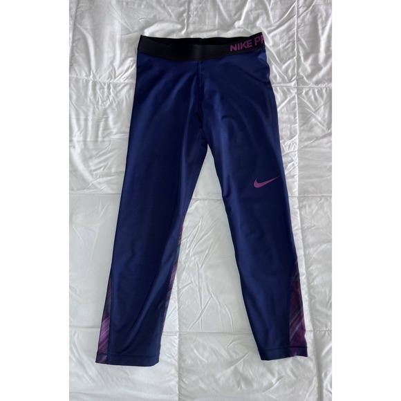 Nike Women's Pro Leggings, Dri-Fit 7/8 Crop 21" Blue/Purple Medium Compression - Picture 1 of 11